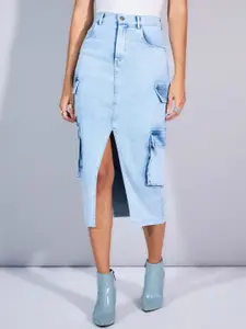 SASSAFRAS Denim High Rise Box Pocket Pencil Midi Skirts