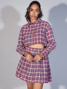 SASSAFRAS Red Checked Pure Cotton Crop Shirt With Mini Skirt