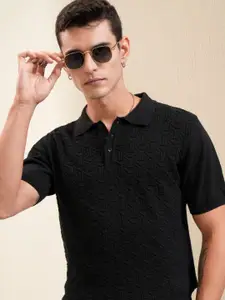 HIGHLANDER Men Self Design Polo Collar Cotton Relaxed Fit T-shirt