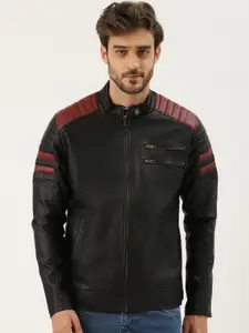 Leather Retail Men Washed Colourblocked Lightweight Biker Jacket with Patchwork