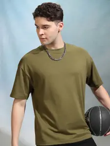 HIGHLANDER Men Solid Round Neck Cotton Oversized Sports T-Shirt