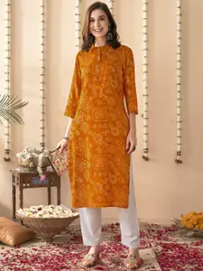 Anouk Mustard & Yellow Bandhani Printed Band Collar Straight Kurta