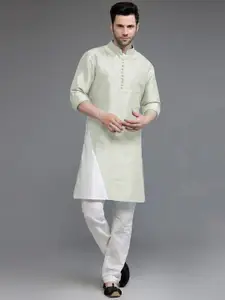 Utsav Fashion Colourblocked Mandarin Collar Dupion Silk Straight Kurta With Trousers