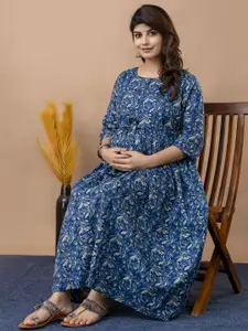 Nayo Women Cotton Floral Print Maternity Empire Maxi Dress