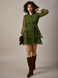 The Roadster Lifestyle Co Women Shirt Collar Puff Sleeves Fit and Flare Dress