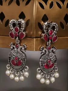 Sangria Stones Studded & Beaded Oxidized Drop Earrings