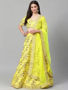 FABPIXEL Embroidered Sequinned Semi-Stitched Lehenga & Unstitched Blouse With Dupatta