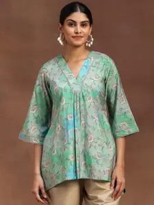 Libas Floral Printed V-Neck Flared Sleeves Pleated Kurti