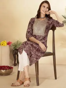 Anouk Maroon Floral Printed Sequinned Straight Kurta