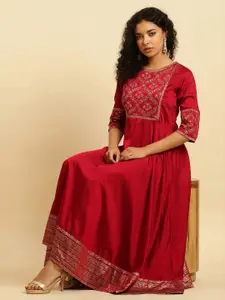 W Floral Embroidered Fit and Flare Maxi Ethnic Dress