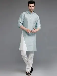 Utsav Fashion Colourblocked Mandarin Collar Dupion Silk Straight Kurta With Trousers