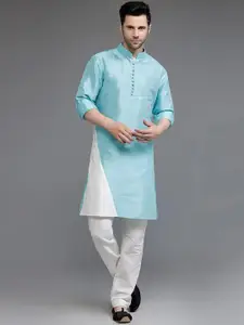 Utsav Fashion Colourblocked Mandarin Collar Dupion Silk Straight Kurta With Trousers