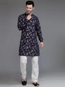 Utsav Fashion Floral Printed Mandarin Collar Pure Cotton Straight Kurta With Trousers
