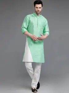 Utsav Fashion Colourblocked Mandarin Collar Dupion Silk Straight Kurta With Trousers