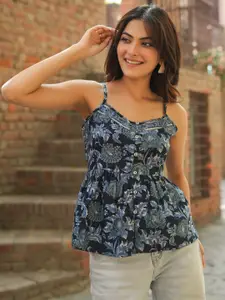 Rain & Rainbow Floral Printed Sleeveless Peplum Pure Cotton Top