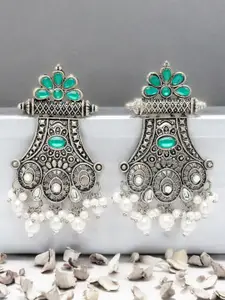 ADIVA Silver-Plated Stone Studded & Beaded Peacock Shaped Drop Earrings