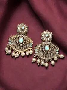 ADIVA Gold-Plated Stone Studded & Beaded Floral Drop Earrings
