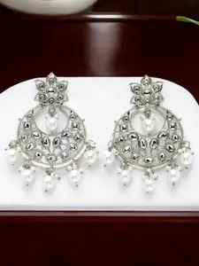 ADIVA Silver-Plated Kundan Stone Studded & Beaded Crescent Shaped Chandbalis