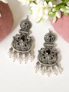 ADIVA Silver-Plated Stone Studded & Pearl Beaded Peacock Shaped Oxidised Drop Earrings