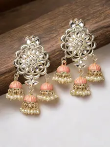 ADIVA Gold Plated Dome Shaped Kundan Studded & Pearl Beaded Meenakari Drop Earrings