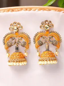 ADIVA Gold-Plated Kundan Beaded Peacock Shaped Jhumkas