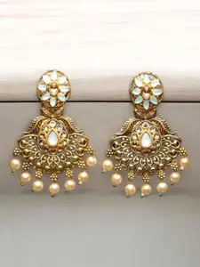 ADIVA Gold-Plated Stones Studded & Pearls Beaded Crescent Shaped Drop Earrings