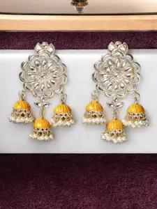 ADIVA Gold Plated Dome Shaped Kundan Studded & Pearl Beaded Meenakari Drop Earrings