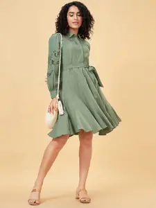 Honey by Pantaloons Shirt Collar Cuffed Sleeve Cotton Fit & Flare Dress