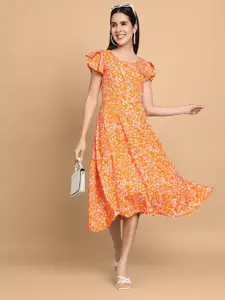 Dream Beauty Fashion Floral Printed Flutter Sleeve A-Line Midi Dress