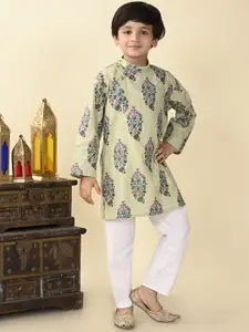 Superminis Boys Floral Printed Regular Pure Cotton Straight Kurta with Pyjamas