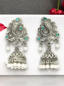 ADIVA Silver Plated Pearl Beaded Dome Shaped Oxidised Jhumkas