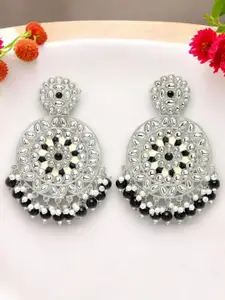 ADIVA Silver-Plated Kundan Studded & Pearls Beaded Oxidised Circular Drop Earrings