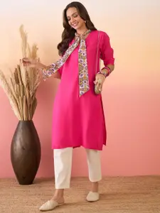 Sangria Fuchsia & White Tie-Up Neck Straight Kurta