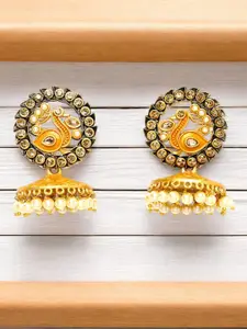 ADIVA Gold-Plated Kundan Studded & Beaded Peacock Shaped Jhumkas