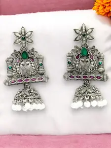 ADIVA Silver-Plated Stone Studded & Pearl Beaded Peacock Shaped Oxidised Jhumkas
