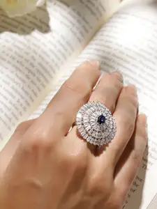 Rubans Rhodium-Plated Blue Sapphire & Zirconia Studded Adjustable Finger Ring