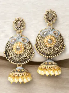 ADIVA Gold Plated Kundan Studded & Pearl Beaded Antique Floral Jhumkas