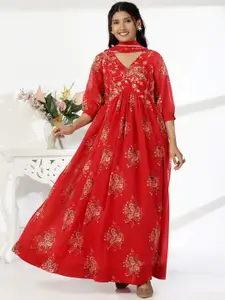 FASHION DREAM Women Floral Printed Empire Maxi Ethnic Dress With Dupatta