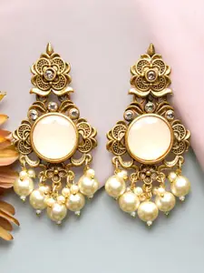 ADIVA Gold-Plated Stone Studded & Beaded Floral Drop Earrings