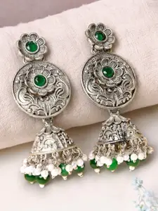 ADIVA Silver-Plated Stones Studded & Pearls Beaded Oxidised Floral Drop Earrings