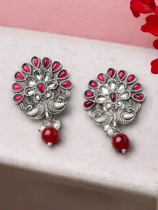 ADIVA Silver-Plated Kundan Stone & Pearl Peacock Shaped Oxidised Drop Earrings