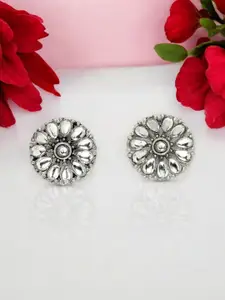 ADIVA Silver-Plated Floral Kundan Stone-Studded Oxidised Studs