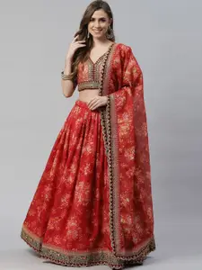 FABPIXEL Floral Embroidered Semi-Stitched Lehenga & Unstitched Blouse With Dupatta