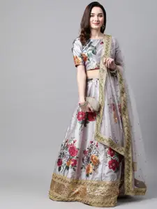 FABPIXEL Printed Sequinned Silk Semi Stitched Lehenga & Unstitched Blouse With Dupatta