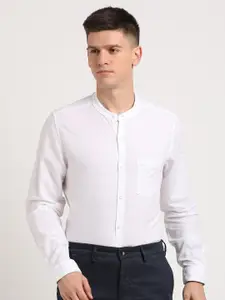 Turtle Men Relaxed Band Collar Solid Cotton Linen Slim Fit Casual Shirt