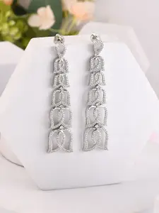 Voylla Sparkling Elegance Lotus Dangler Rhodium Plated American Diamond Drop Earrings