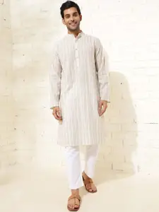 Fabindia Striped Mandarin Collar Long Sleeves Cotton Straight Kurta