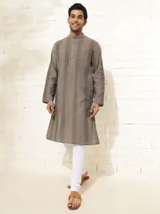 Fabindia Striped Thread Work Mandarin Collar Cotton Straight Kurta