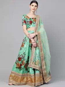 FABPIXEL Floral Printed Sequinned Semi-Stitched Lehenga & Unstitched Blouse With Dupatta
