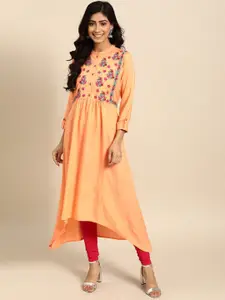 Anouk Floral Yoke Design Mandarin Collar Thread Work Cotton A-Line Kurta